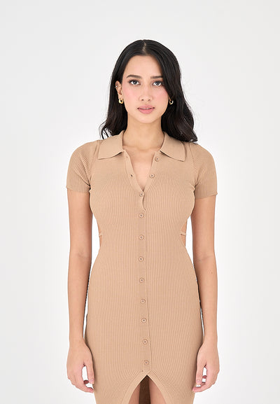 Doralee Brown Knitted Collar Short Sleeves Buttondown Open Back Bodycon Midi Dress