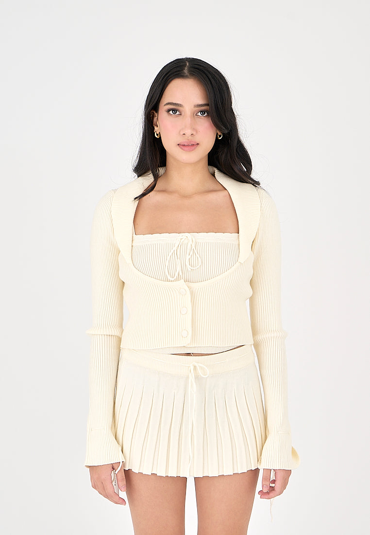 Nikko Cream Knitted Drawstring Waist Pleated Mini Skirt