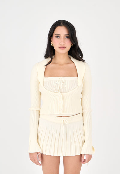 Nikko Cream Knitted Drawstring Waist Pleated Mini Skirt