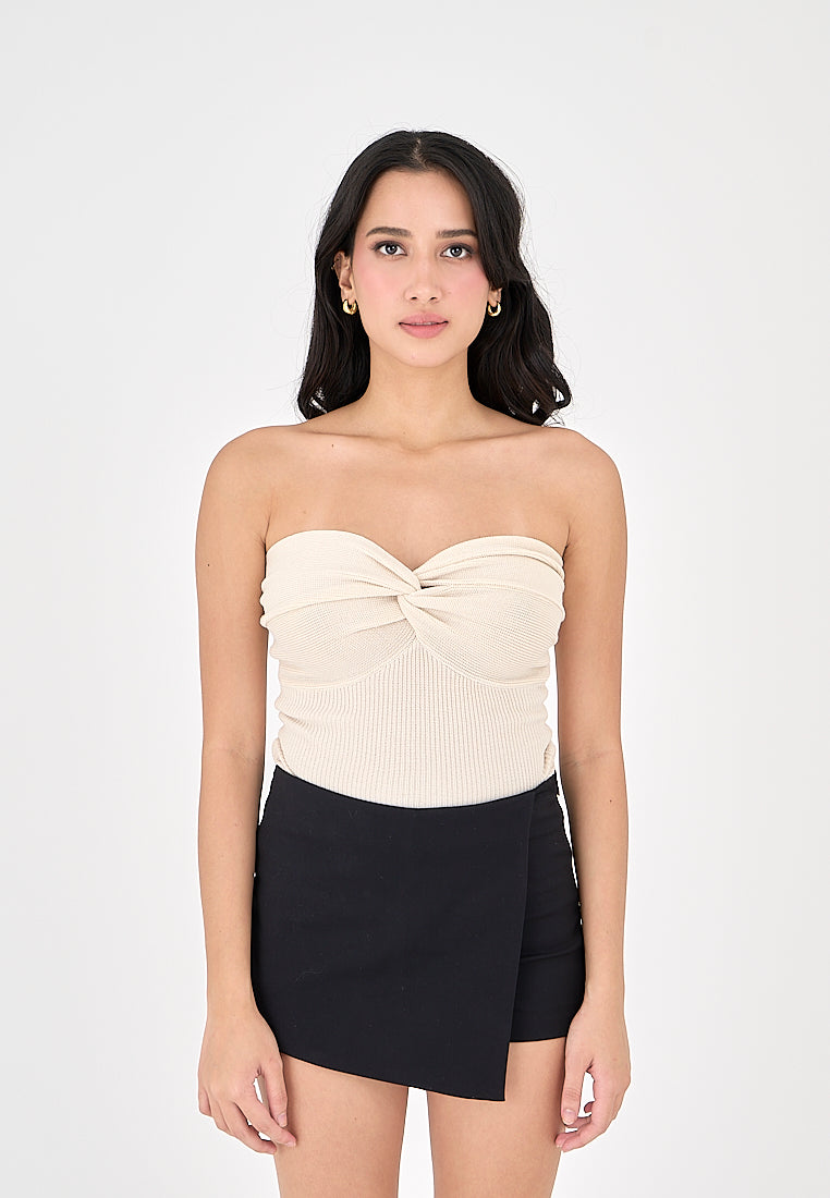 Paige Beige Knitted Sweetheart Neckline Twisted Bust Tube Top