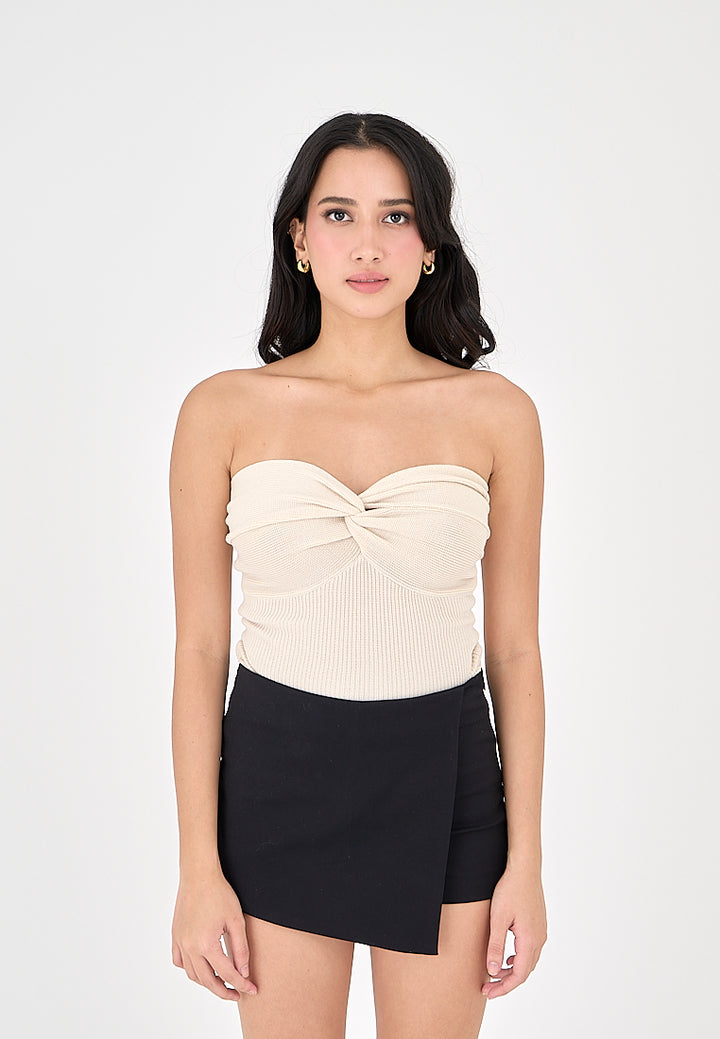 Paige Beige Knitted Sweetheart Neckline Twisted Bust Tube Top