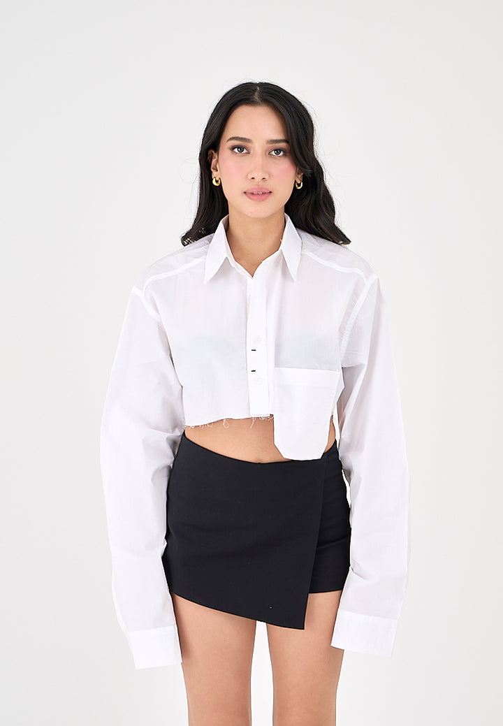 Nancy White Collar Long Sleeve Button Raw Hem Pocket Crop Shirt