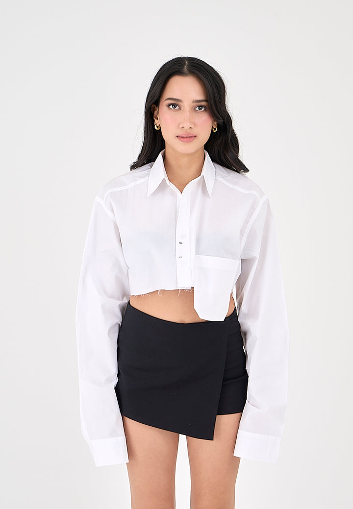 Nancy White Collar Long Sleeve Button Raw Hem Pocket Crop Shirt