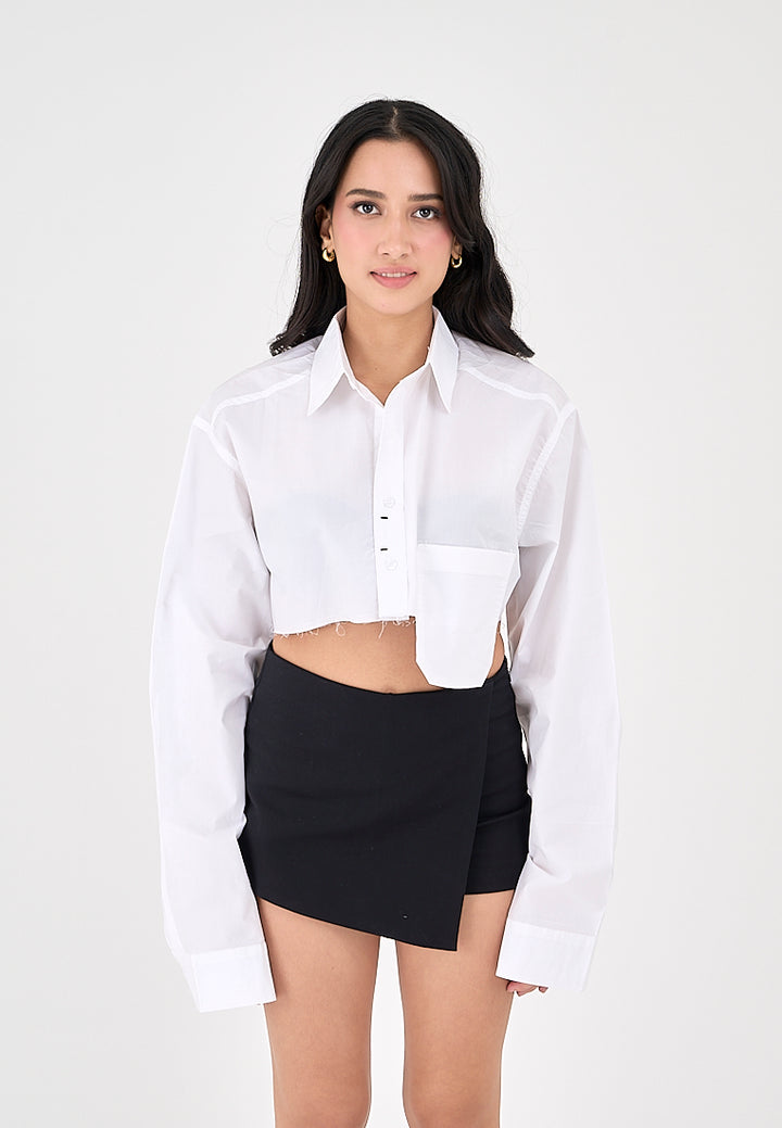 Nancy White Collar Long Sleeve Button Raw Hem Pocket Crop Shirt