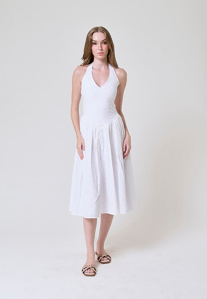 Riona White Floral Emboidery Halter Midi Dress