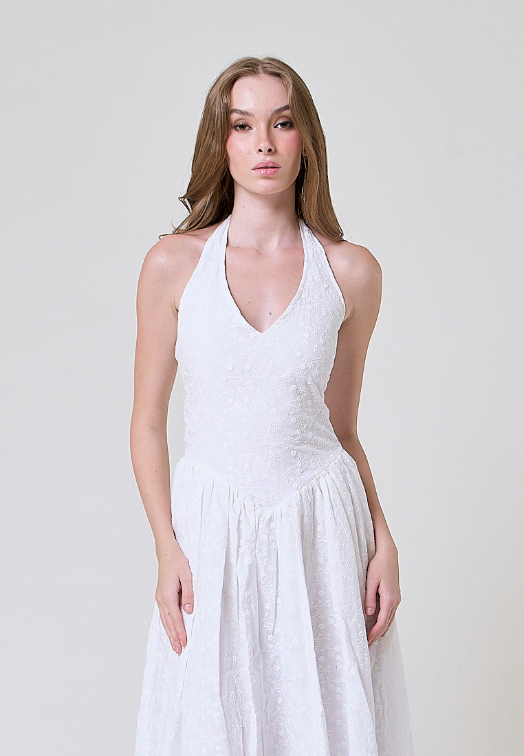 Riona White Floral Emboidery Halter Midi Dress