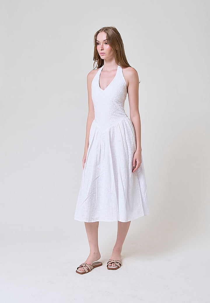 Riona White Floral Emboidery Halter Midi Dress
