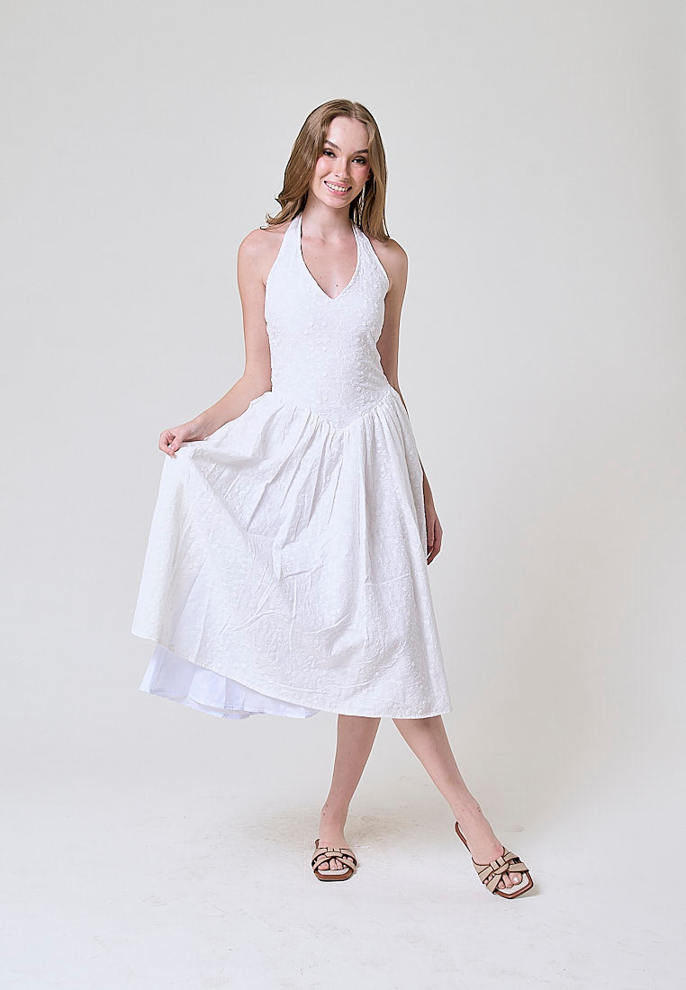 Riona White Floral Emboidery Halter Midi Dress