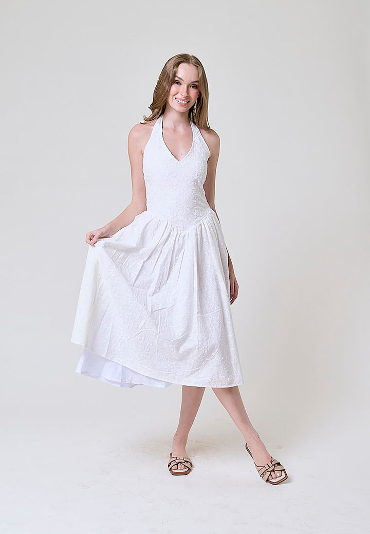 Riona White Floral Emboidery Halter Midi Dress