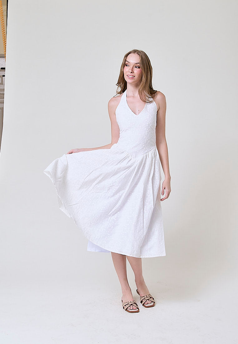 Riona White Floral Emboidery Halter Midi Dress