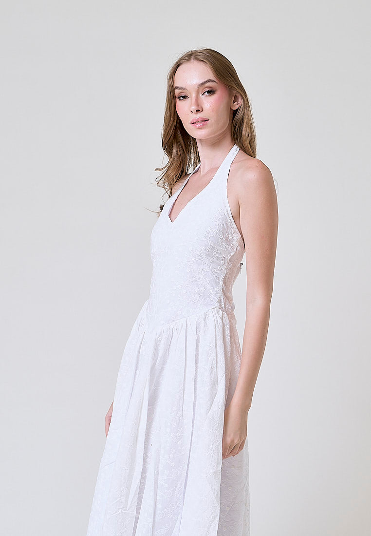 Riona White Floral Emboidery Halter Midi Dress