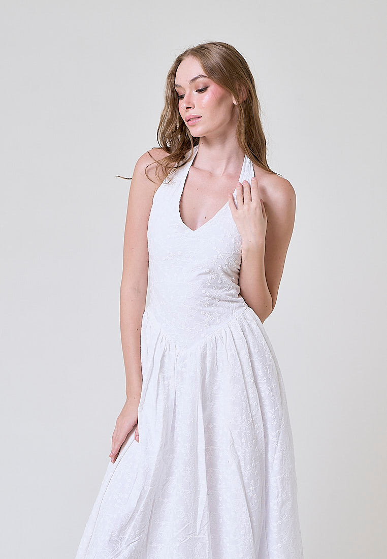 Riona White Floral Emboidery Halter Midi Dress