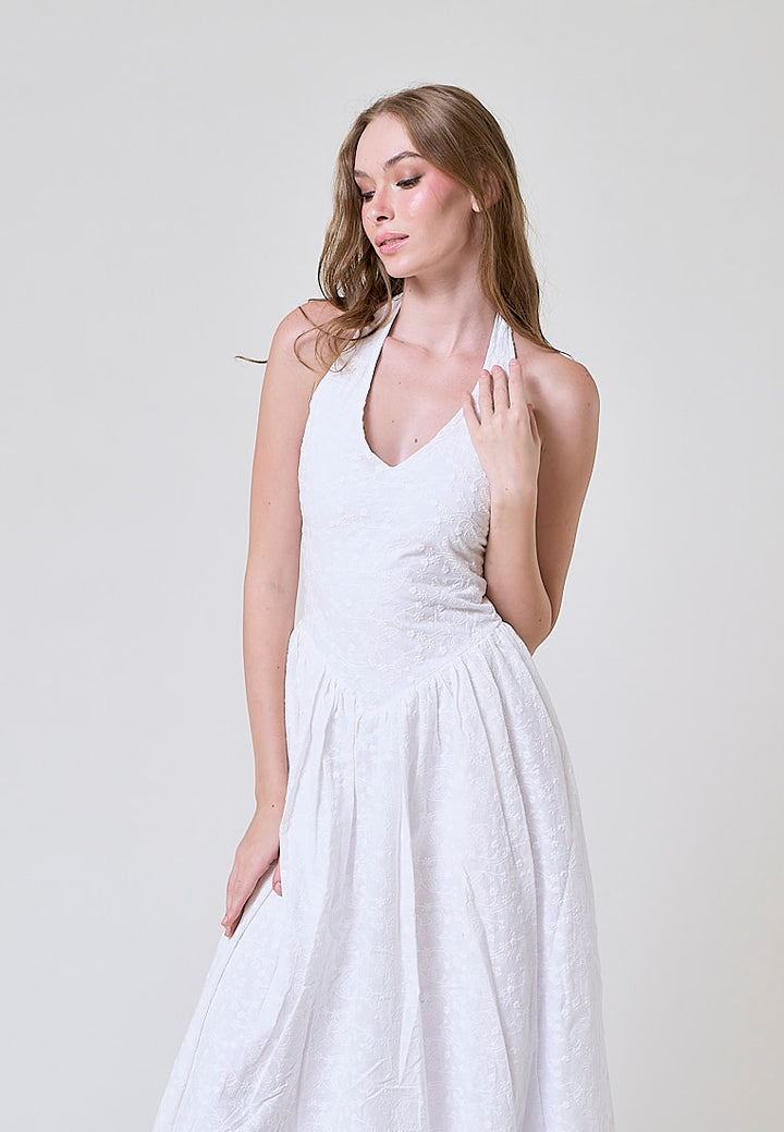 Riona White Floral Emboidery Halter Midi Dress