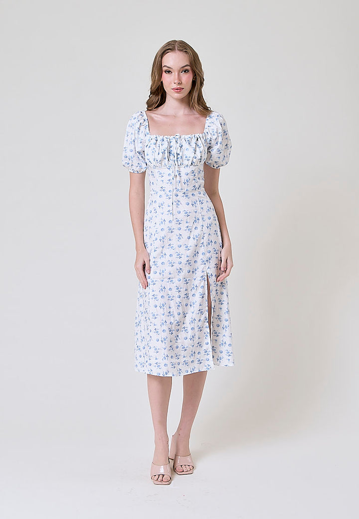 Domain White Floral Print Square Collar Short Puff Sleeve Side Split Maxi Dress