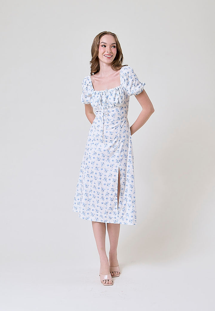 Domain White Floral Print Square Collar Short Puff Sleeve Side Split Maxi Dress