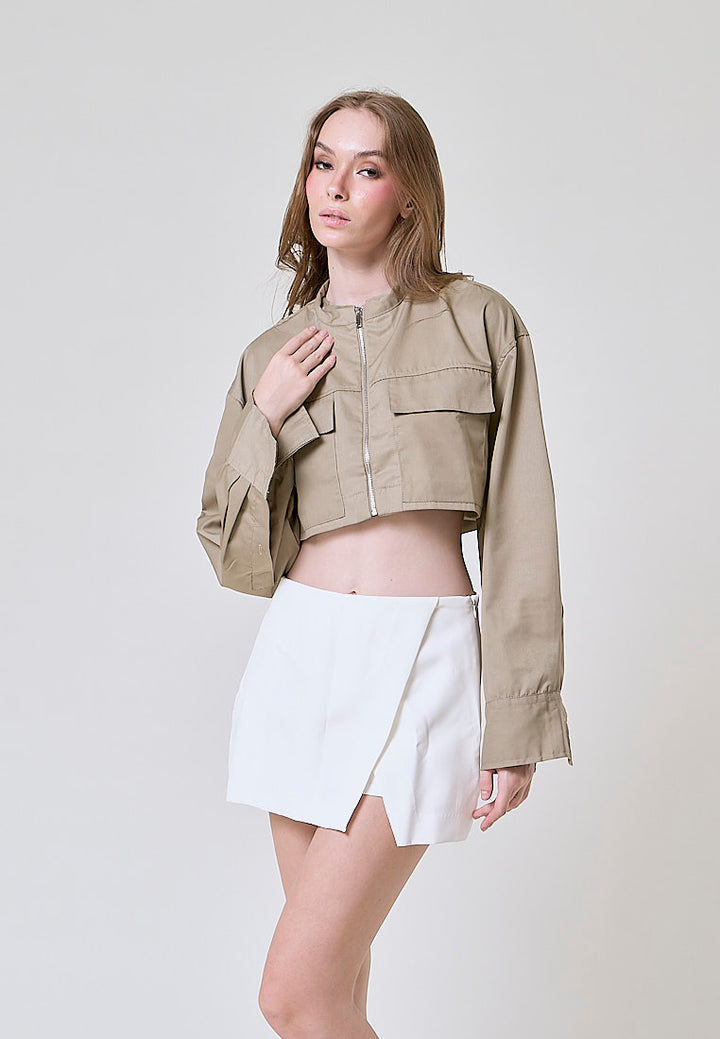 Jiovanna Moss Green Turn Down Collar Front Pockets Long Sleeves Crop Top