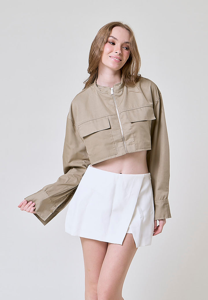 Jiovanna Moss Green Turn Down Collar Front Pockets Long Sleeves Crop Top