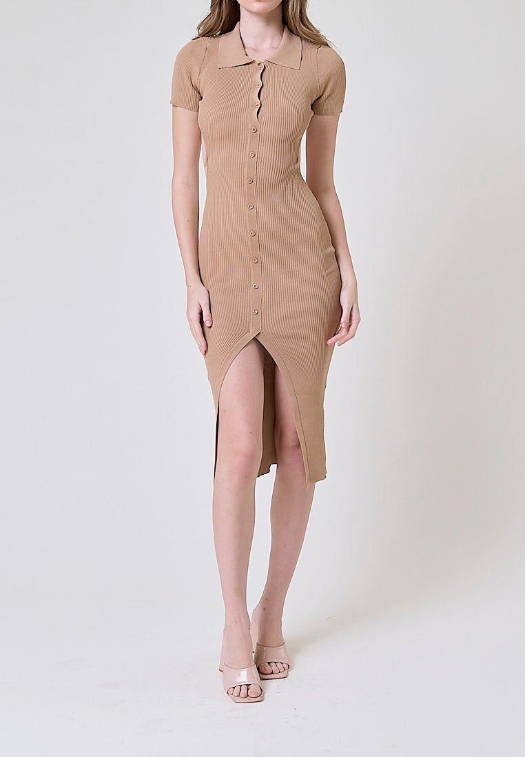 Doralee Brown Knitted Collar Short Sleeves Buttondown Open Back