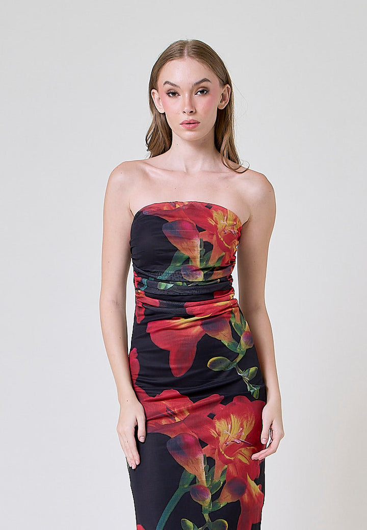 Elba Black with Orange Floral Pleated Sides Mesh Tube Midi Dress