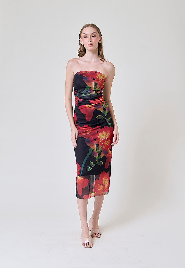 Elba Black with Orange Floral Pleated Sides Mesh Tube Midi Dress