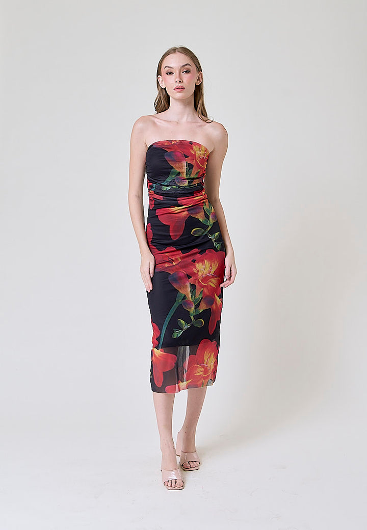 Elba Black with Orange Floral Pleated Sides Mesh Tube Midi Dress