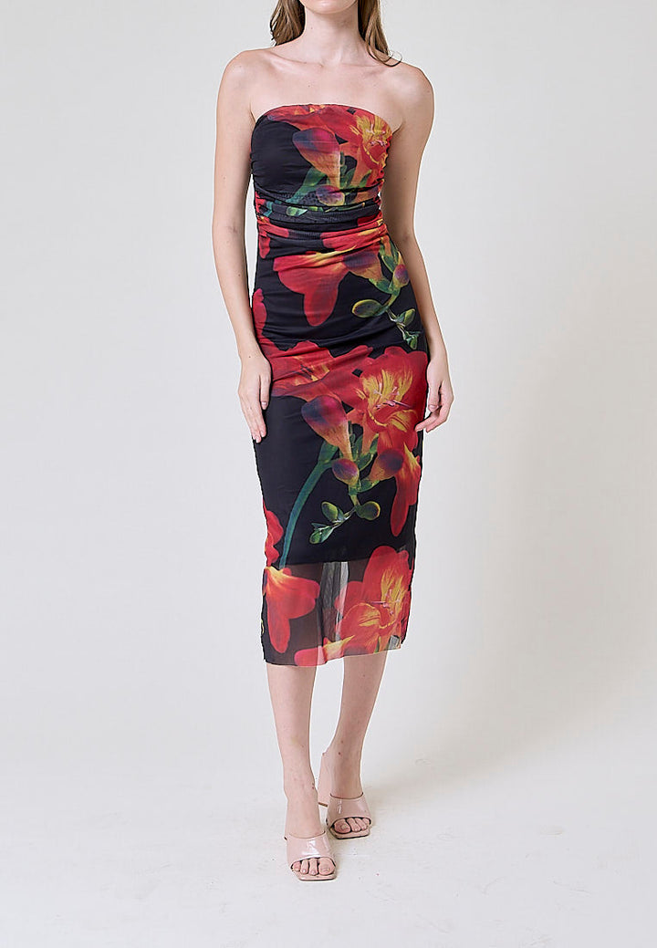Elba Black with Orange Floral Pleated Sides Mesh Tube Midi Dress