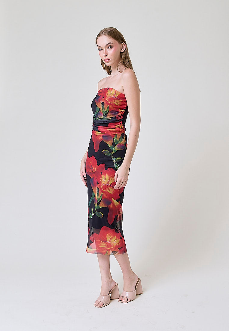 Elba Black with Orange Floral Pleated Sides Mesh Tube Midi Dress