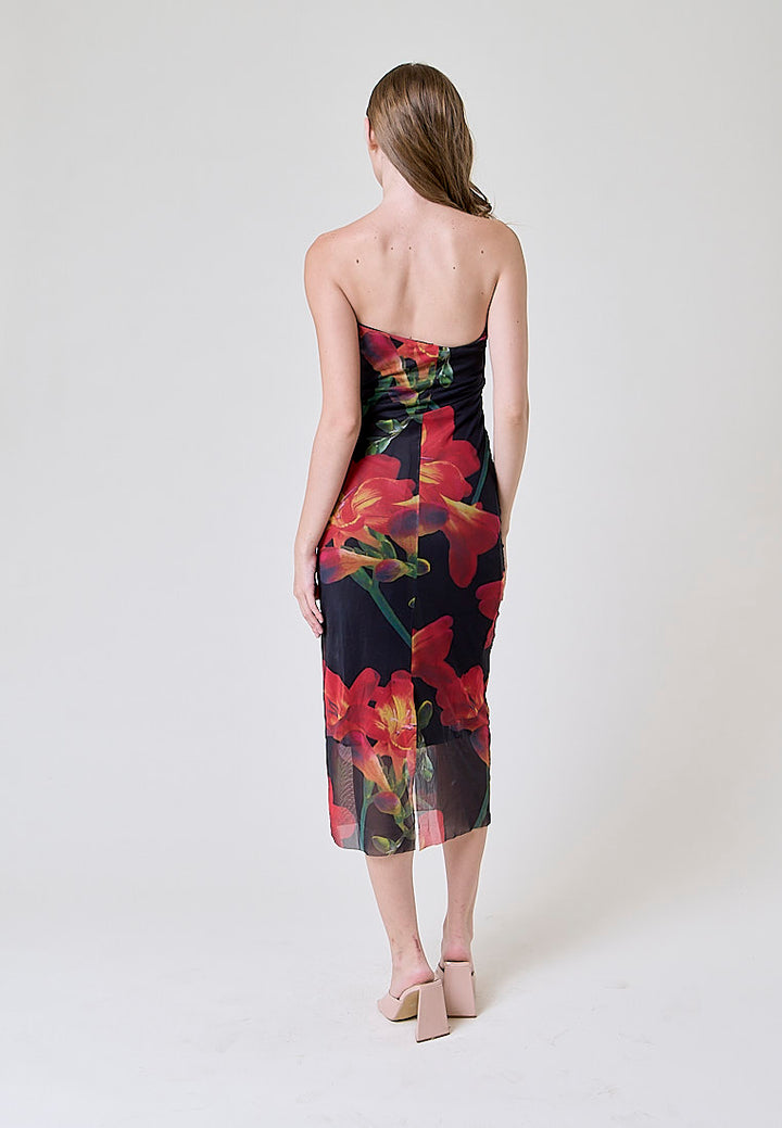 Elba Black with Orange Floral Pleated Sides Mesh Tube Midi Dress