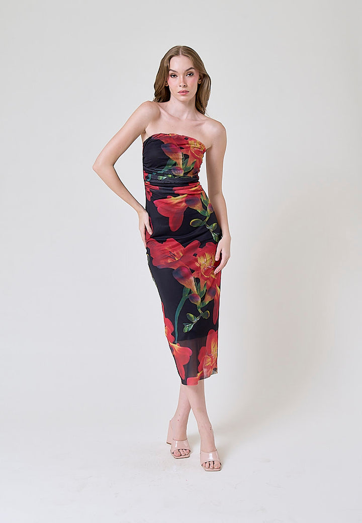 Elba Black with Orange Floral Pleated Sides Mesh Tube Midi Dress