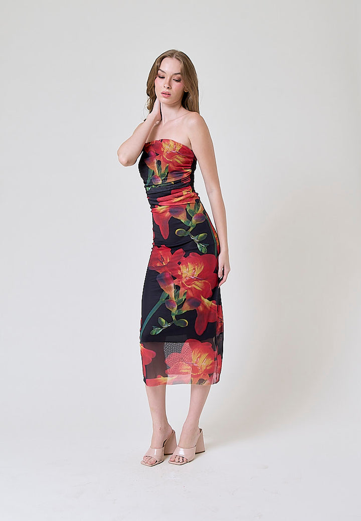 Elba Black with Orange Floral Pleated Sides Mesh Tube Midi Dress