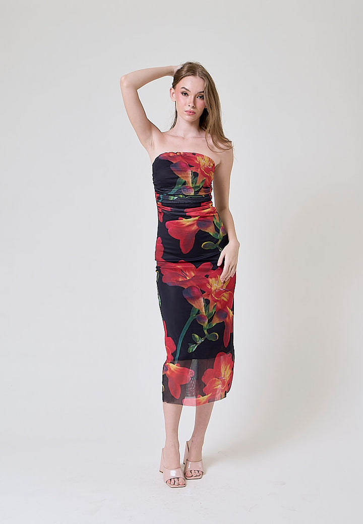 Elba Black with Orange Floral Pleated Sides Mesh Tube Midi Dress