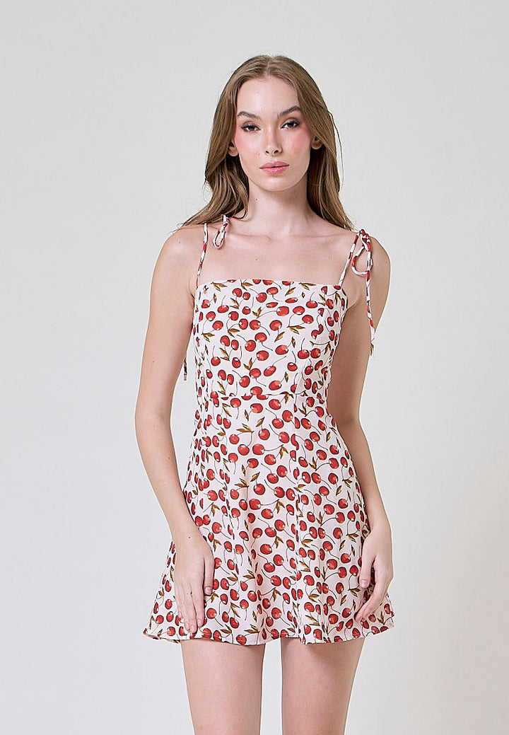 Rada White Red Cherry Print Sleeveless Self Tie Strap Smocked Zipper Back Mini Dress