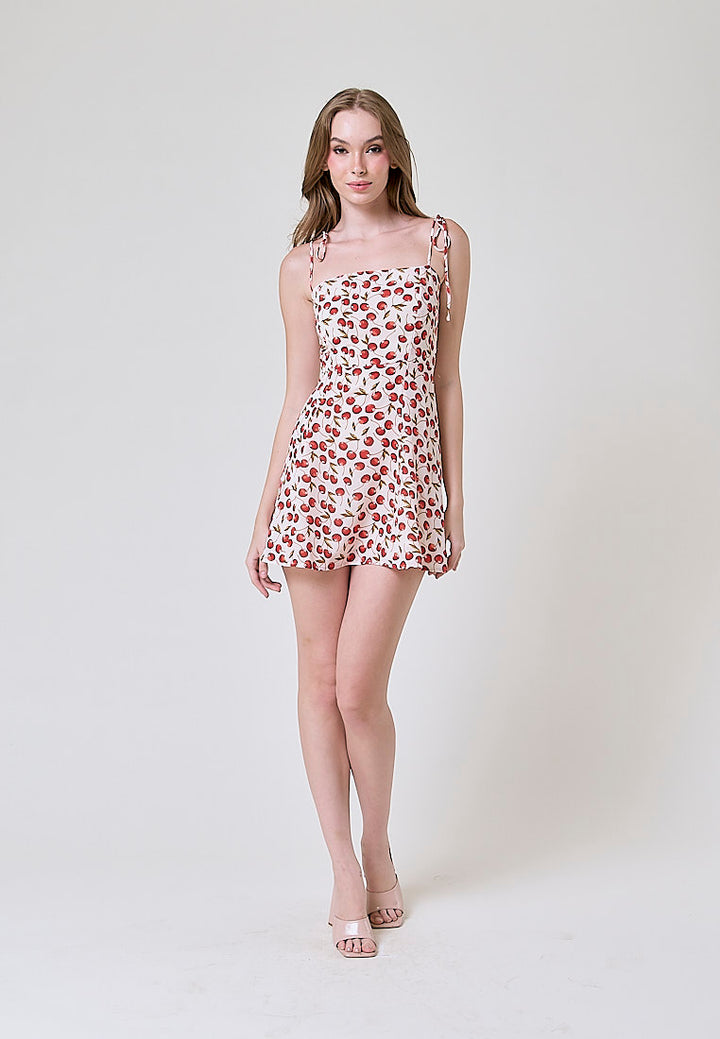 Rada White Red Cherry Print Sleeveless Self Tie Strap Smocked Zipper Back Mini Dress
