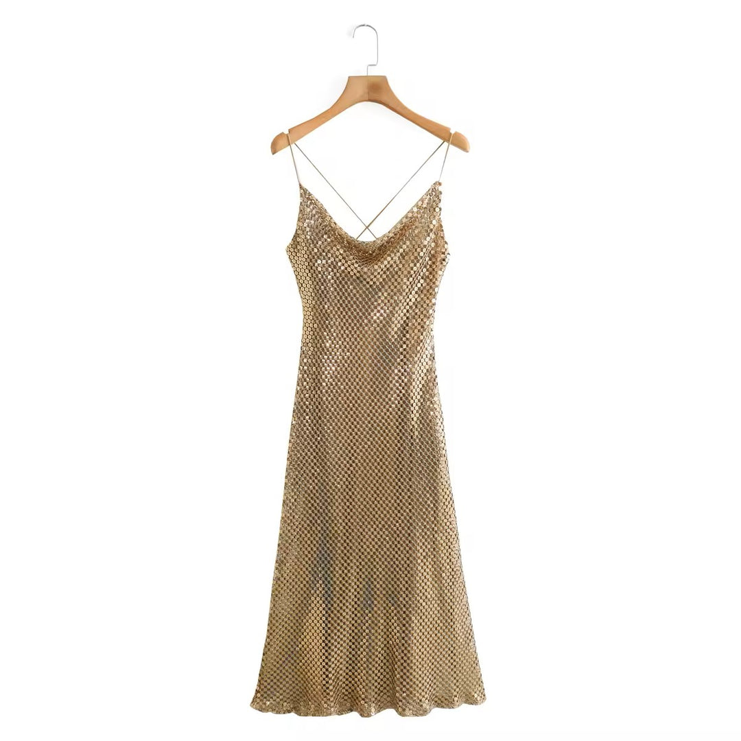 Lucienn Golden Sequin Cowl Neck Thin Strap Cross Back A-Line Slip Midi Dress