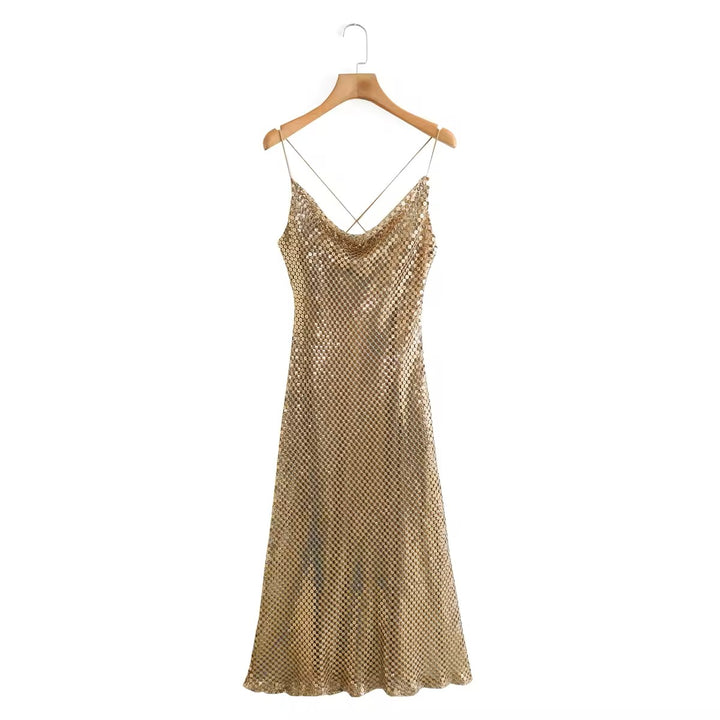 Lucienn Golden Sequin Cowl Neck Thin Strap Cross Back A-Line Slip Midi Dress