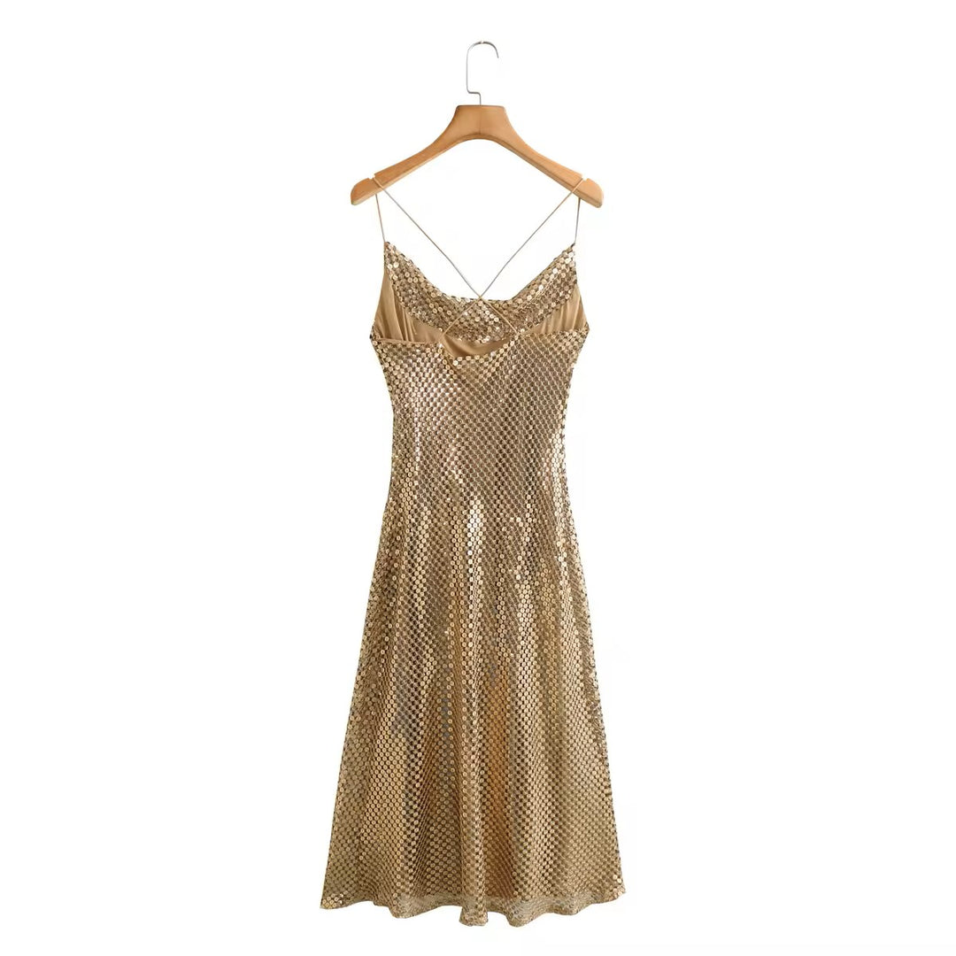 Lucienn Golden Sequin Cowl Neck Thin Strap Cross Back A-Line Slip Midi Dress