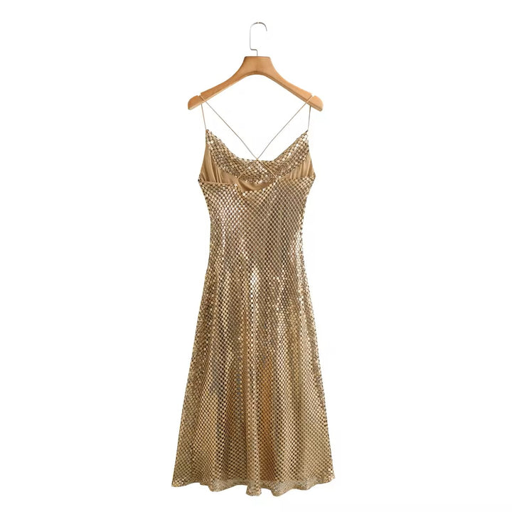Lucienn Golden Sequin Cowl Neck Thin Strap Cross Back A-Line Slip Midi Dress
