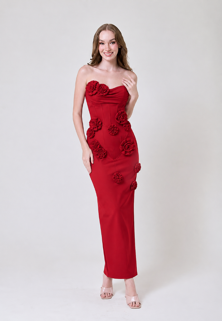 Maisie Red Tube Bodycon With Flower Applique Maxi Dress