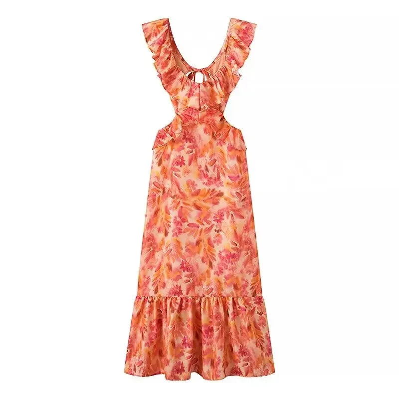 [FOR RENT] McKay Orange Scoop Neck Open Back Vintage Midi Dress )