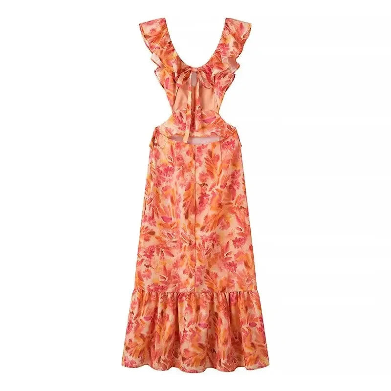 [FOR RENT] McKay Orange Scoop Neck Open Back Vintage Midi Dress )