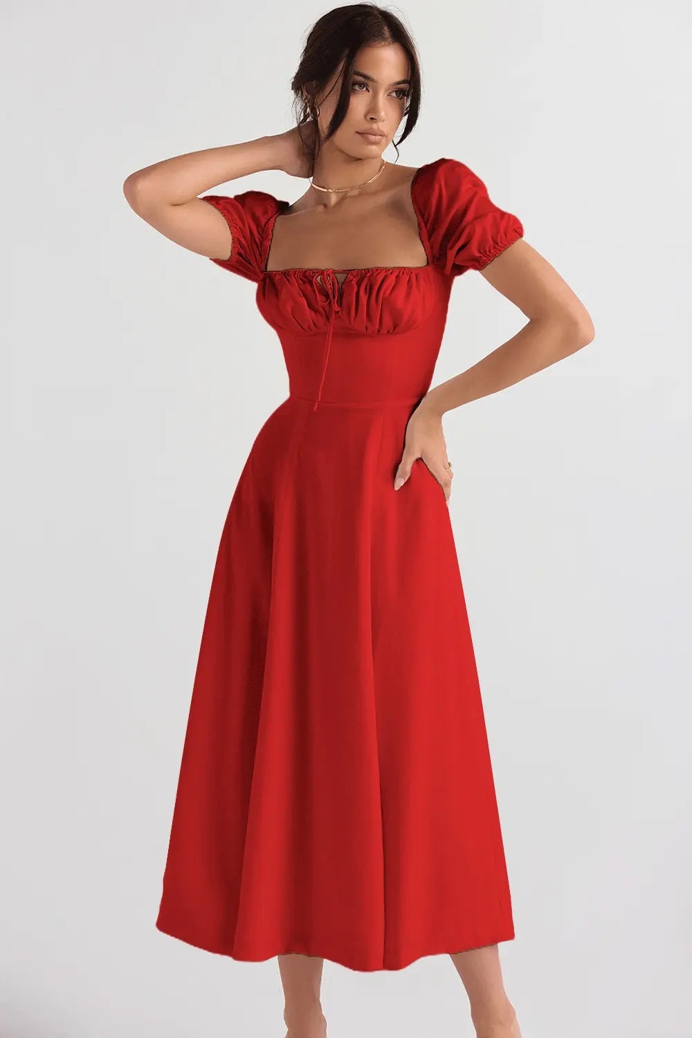 Merrylou Red Square Collar High Slit Midi Dress