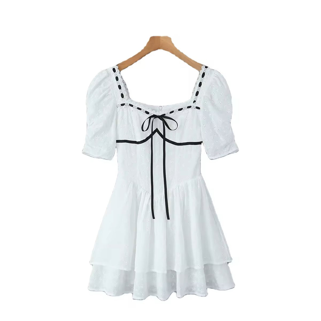 Mireil White Eyelet Square Neck with Black Ribbon Short Sleeves Layered Mini Dress