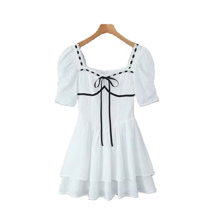 Mireil White Eyelet Square Neck with Black Ribbon Short Sleeves Layered Mini Dress