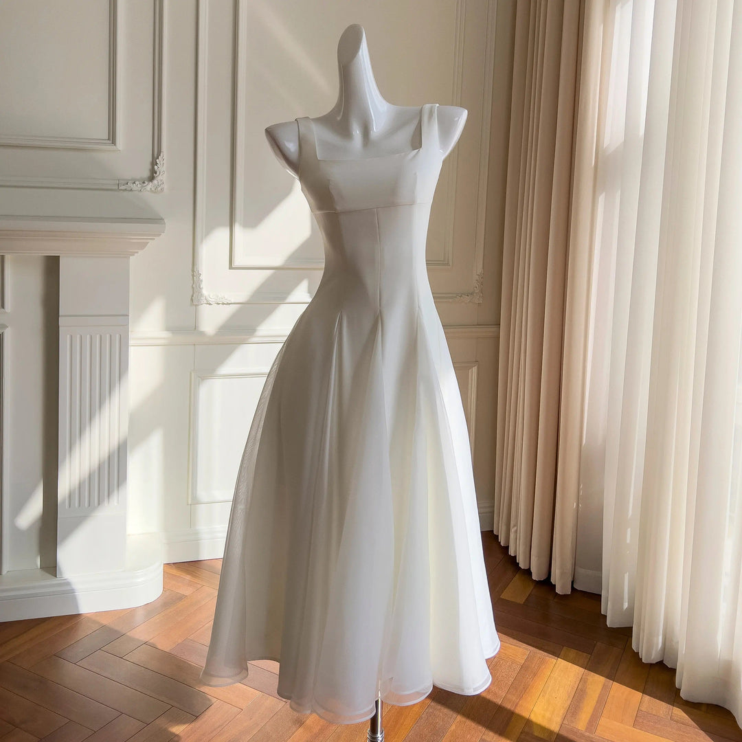 Modesty White Square Colar Big Swing Midi Dress