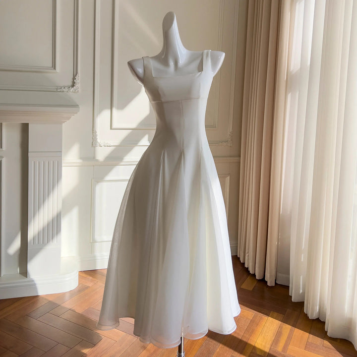 Modesty White Square Colar Big Swing Midi Dress