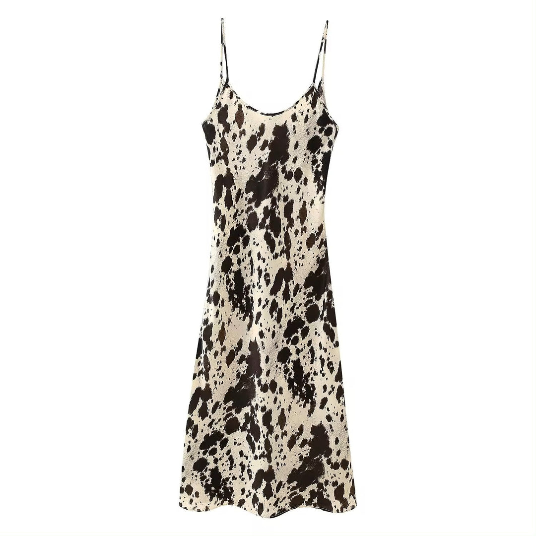 Mufasa Brown Beige Print Spaghetti Strap Low Back Slip Mid Dress