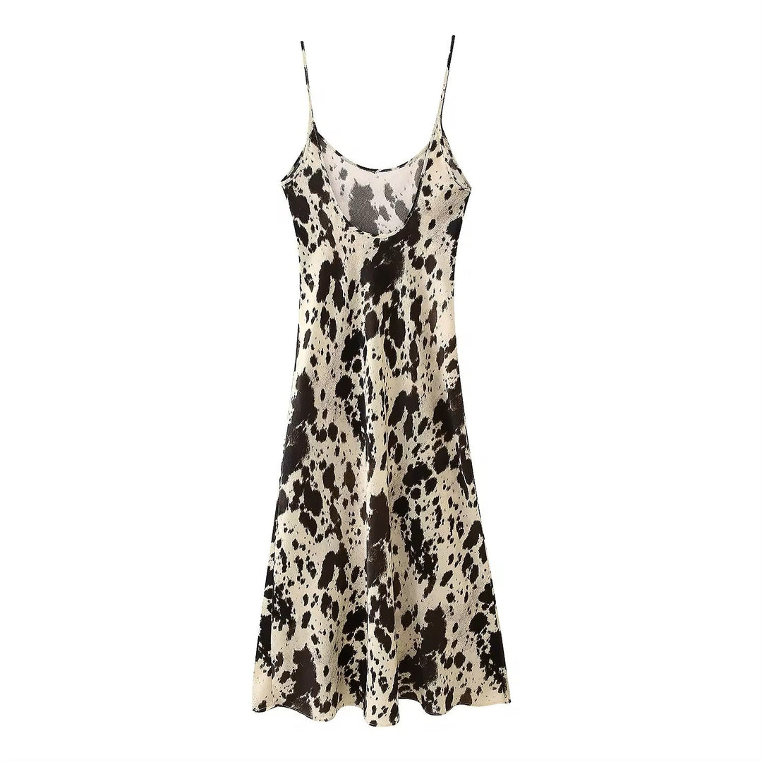 Mufasa Brown Beige Print Spaghetti Strap Low Back Slip Mid Dress