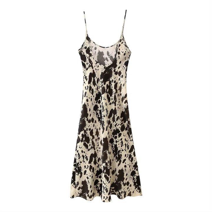 Mufasa Brown Beige Print Spaghetti Strap Low Back Slip Mid Dress