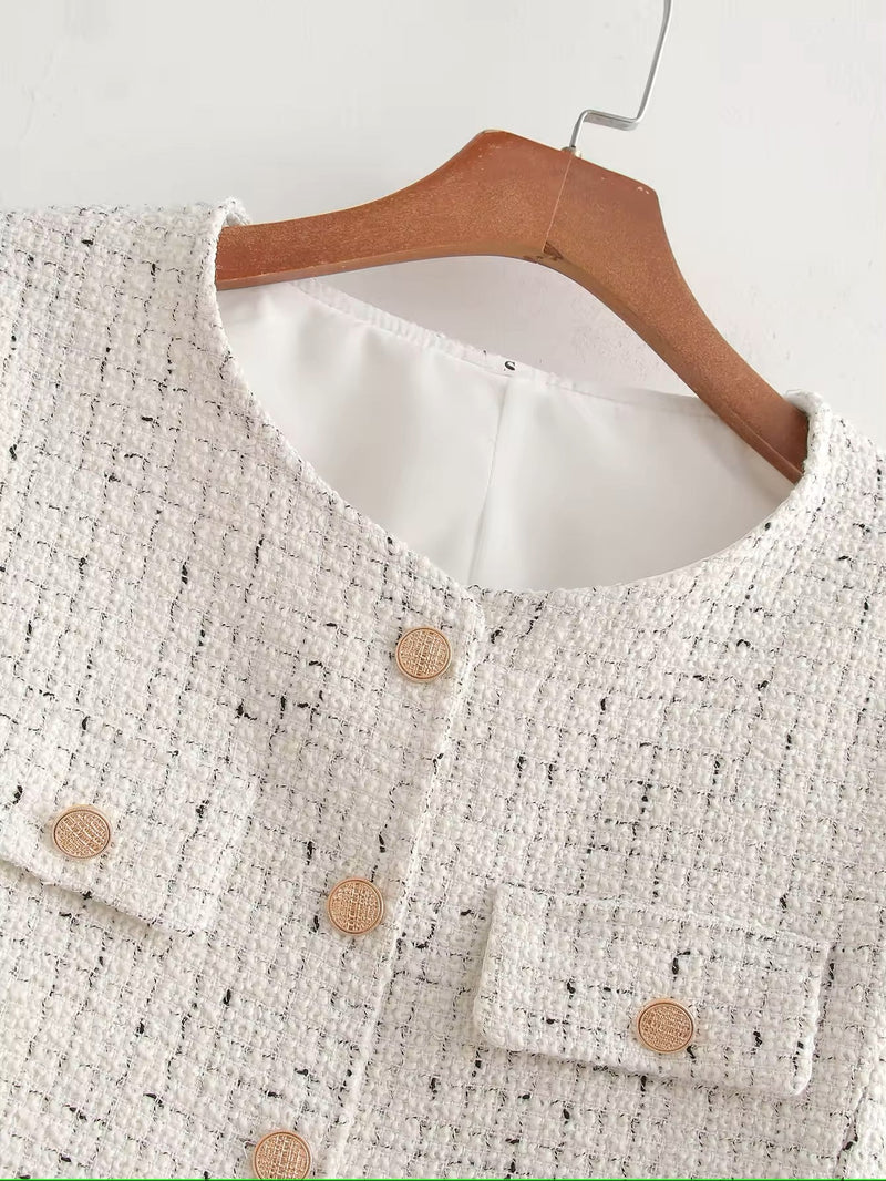 Nevada White Tweed Round Neck Single Breasted Gold Button Long Sleeves Cropped Blazer
