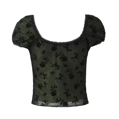 Nightingale Black Mesh Floral Pattern V Neck Short Sleeves Top